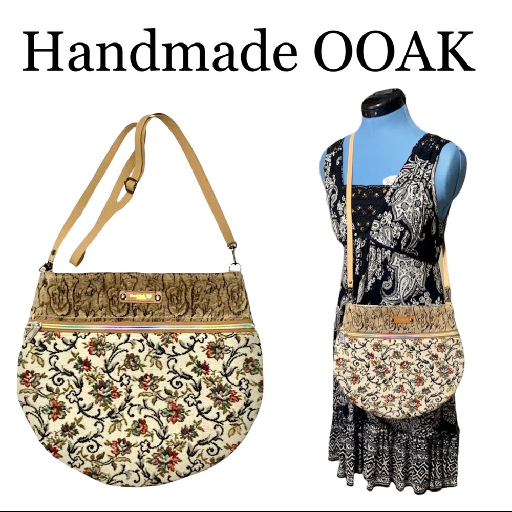 HAND CRAFTED ⭐️HP! Crossbody Upholstery Bag Floral Embroidery on Off-White